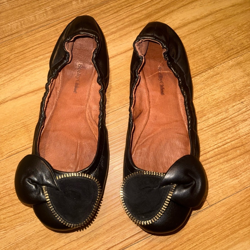 🖤 See By Chloé Black Leather Zip Bow Collapsible Ballet Flats 38.5